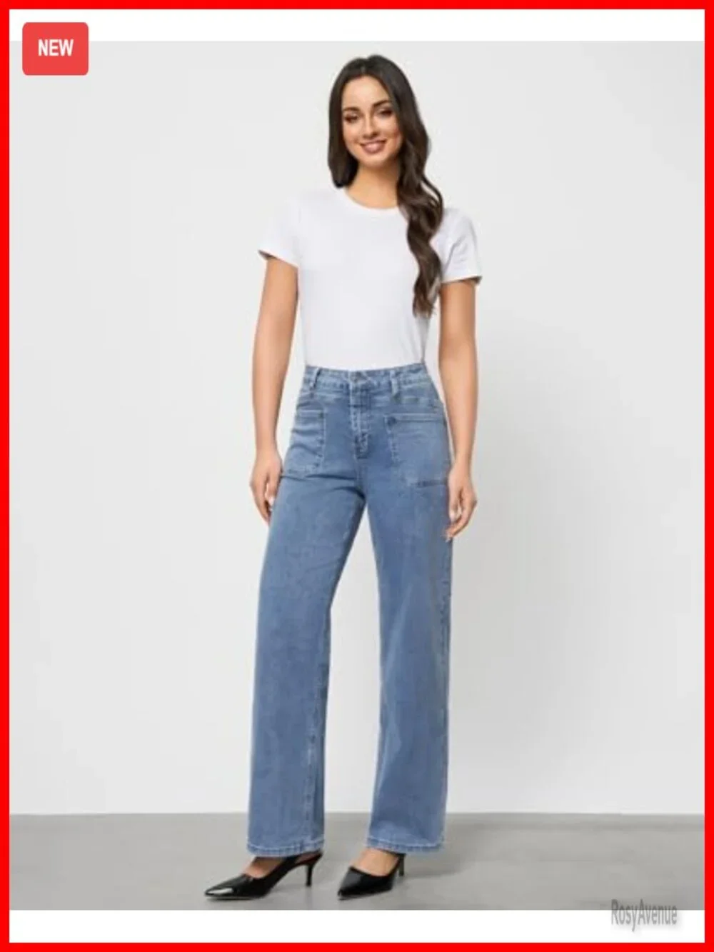 High Waisted Wide Leg Stretchy Retro Denim Jeans with Pockets